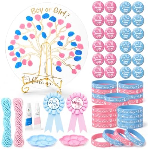Capoda 80Pcs Baby Gender Reveal Party Favors Kit Boy or Girl Party Supplies Fingerprint Tree Acrylic Sign Team Boy Team Girl Pins Mom Dad Badge Necklaces Silicone Wristbands Decor Supplies Gift by Capoda