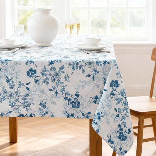 H.VERSAILTEX Linen Table Cloths Floral Printed Tablecloth Spill-Proof Waterproof Table Cover for Dining Buffet Feature Soft and Thick Fabric Wrinkle Free, 60 x 104 Inch, Retro Floral - Stone Blue by HVERSAILTEX