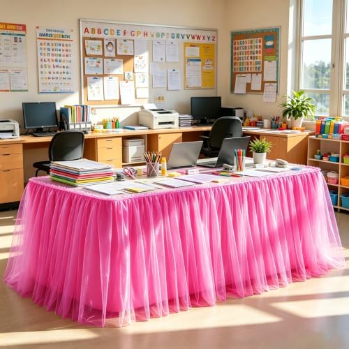 14FT Long Hot Pink Tulle Table Skirt for Rectangle Round Tables 3-Layer Ruffle Desk Teacher Skirt for Back to School Supplies Princess Girls Birthday Party Cake Dessert Classroom Dorm Decor - Image 2