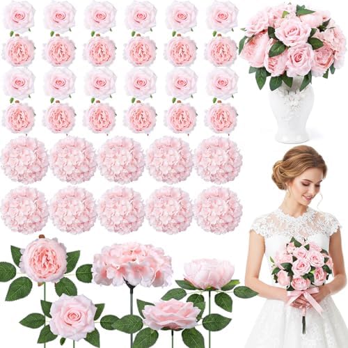 Suncalla 60 Pcs Assorted Silk Artificial Flowers, Faux Fake Full Hydrangea Peony Rose Bouquet with Leaf Stem for Wedding Centerpiece Bridal DIY Craft Baby Shower Party Decor(Pink) by Unknown