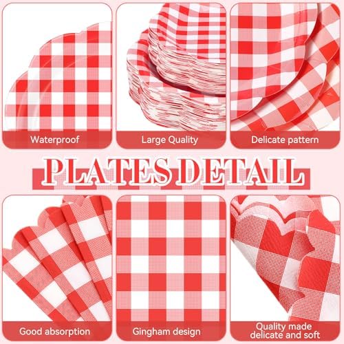 Funnymoom 452 Pcs Red Gingham Party Supplies for 50, Red and White Gingham Checkered Paper Plates Napkins Cups Tablecloth Cutlery Straws for Birthday Family Picnic Camping Barbecue Party Decoration - Image 2