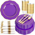 Liacere 350PCS Purple Plastic Plates-Disposable Purple and Gold Plates 50 guest Baroque Plastic Dinnerware include 100Plates,50Pack Pre Rolled Napkins with Silverware 50Cups for Party & Halloween by Liacere