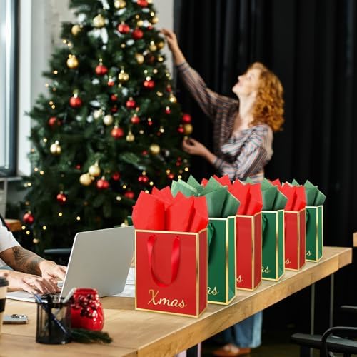 Yeaqee 50 Pcs Metallic Paepr Gift Bags Bulk with Handles,Red Green - Image 6