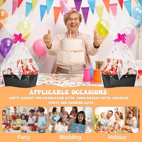 Tuanse 30 Pcs Basket for Gift Empty DIY Bulk Gift Basket Kit with Handle Kraft Cardboard Tray with 30 Bag 30 Bow Market Tray for Wedding Party, Black, 12.6 x 9.8 x 5.9 in - Image 6