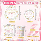 400 Pcs Pink Wildflower Girl Baby Shower Party Decoration for 50, Baby in Bloom Paper Plates Napkins and Cups Cutlery Floral Tableware Set for a Sweet Babys Is on Her Way Party Supplies - Image 3