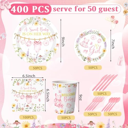 400 Pcs Pink Wildflower Girl Baby Shower Party Decoration for 50, Baby in Bloom Paper Plates Napkins and Cups Cutlery Floral Tableware Set for a Sweet Babys Is on Her Way Party Supplies - Image 3