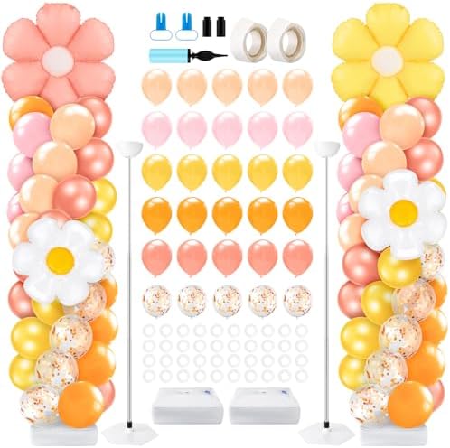 Kasyat 2 Sets Groovy Balloon Column Stand Kit Boho Daisy Macaron Pink Yellow Orange Pastel Retro Flower Balloons Arch Garland Kit for Baby Shower Birthday Wedding Hippie Flower Party Decoration by Kasyat
