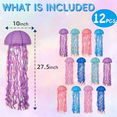 12 Pcs Hanging Jellyfish Paper Lanterns, Jelly Fish Decoration for Under the Sea Party Decorations, Iridescent Streamer Tentacles Mermaid Decor for Ocean, Mermaid Party Decor, Baby Shower - Image 2