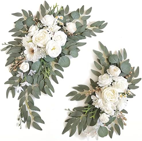 Faux Arch Flower Swag Set of 2 for Wedding Welcome Signs Floral Swag Wedding Reception Ceremony Signs Decor (White) by Piklado