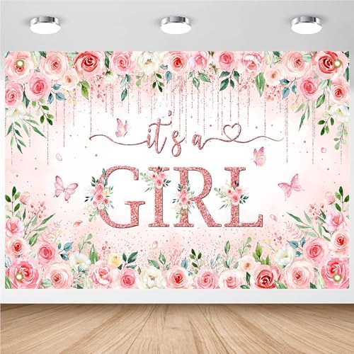 Avezano Girl Baby Shower Backdrop Banner Pink Flower Baby Shower Decorations Rose Gold It's a Girl Banner Floral Gender Reveal Photo Booth Props Background (8x6ft) by AVEZANO
