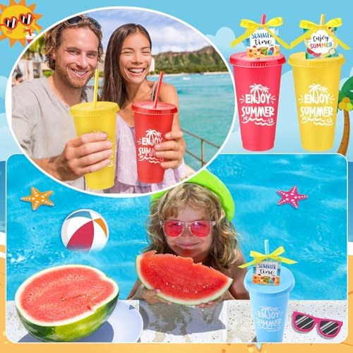 Honeydak 36 Sets Summer Tumbler Bulk 24 oz Plastic Tumbler Cup with Lids Straws and Greeting Card Appreciation Gift for Summer Beach Pool Party Favors Prizes - Image 4