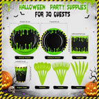 Honeydak 210 Pcs Halloween Ghost Party Supplies for 30 Guests Green and Black Birthday Plates Napkins Cup and Forks Tableware for Halloween Ceremonies Birthday Holiday Party Decorations - Image 3