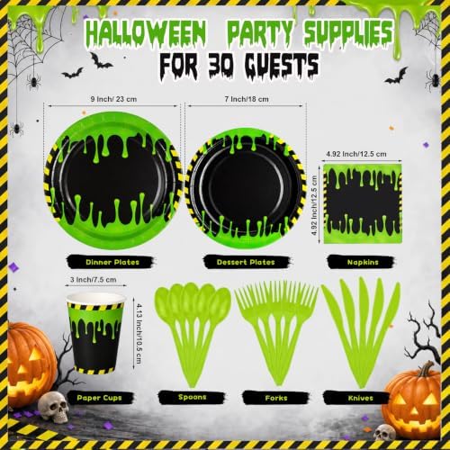 Honeydak 210 Pcs Halloween Ghost Party Supplies for 30 Guests Green and Black Birthday Plates Napkins Cup and Forks Tableware for Halloween Ceremonies Birthday Holiday Party Decorations - Image 3