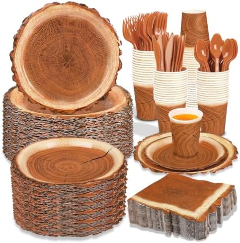 400 Pieces Camping Wood Grain Slice Party Supplies Set Paper Plate Cup Napkin for Camping Woodland Baby Shower Lumberjack Birthday Featuring a Round Wooden Slice Die Cut Edge Design Serve 50 by FULJOOY