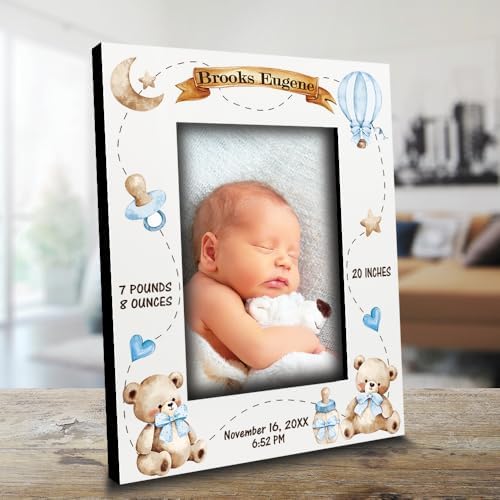BELLA BUSTA-Personalize Baby Teddy Bear Birth Announcement Theme Picture Frame- Baby Shower, Birth Details Keepsake (Boy-Blue (5x7 Vertical)) - Image 3