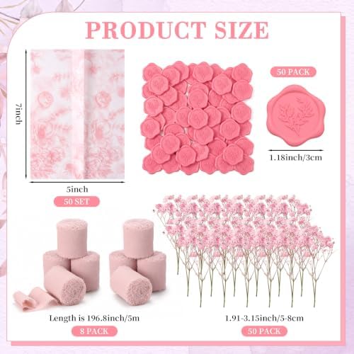 Fullhawl 50 Sets Wedding Invitations Wraps Set Pre Folded Vellum Jackets for 5 x 7 Invitations Dried Flowers Wax Seal Stickers Chiffon Silk Ribbon for Wedding Birthday Bridal Shower (Light Pink) - Image 2
