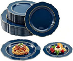 realluck 200Pcs Blue and Gold Plastic Plates Navy Blue Plates Reusable by Realluck