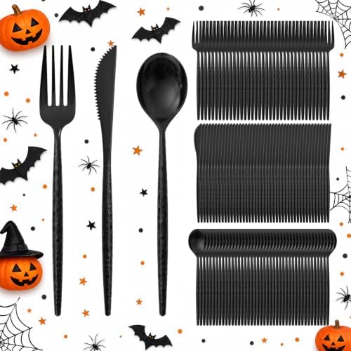 Supernal 360Pcs Hammered Black Plastic Silverware Heavy Duty Party Utensils by supernal
