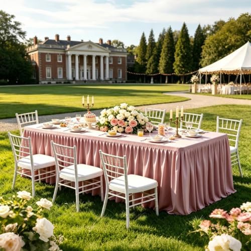 Dusty Rose Tablecloth Rectangle Tables 8FT, Polyester Wrinkle Free Stretch Table Cloth 6ft Fitted Table Cover with Pleated Ruffle Skirt for Weddings Birthday Banquet Baby Shower - Image 2