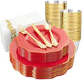 NOCCUR 175PCS Red Plastic Plates with Gold Disposable Silverware - Include 50 Red Gold Plastic Plates,25 Knives,25 Forks,25 Spoons,25 Cups and 25 Napkins - Ideal for Party/Hibachi Party/Wedding by NOCCUR