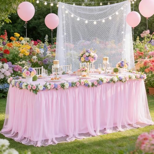 Light Pink Tablecloth for 6 Foot Rectangle Table, Baby Pink Tulle Tutu Tables Skirt Party Table Cover 6ft Baby Shower Banquet Dessert Wedding Pink Tables Cloths Ruffle Bridal Shower by LittleFunny