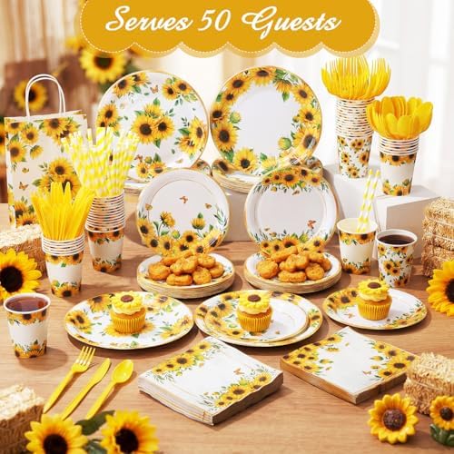 450 Pcs Tableware Set, Serve 50, Yellow, Sunflower Birthday - Image 6