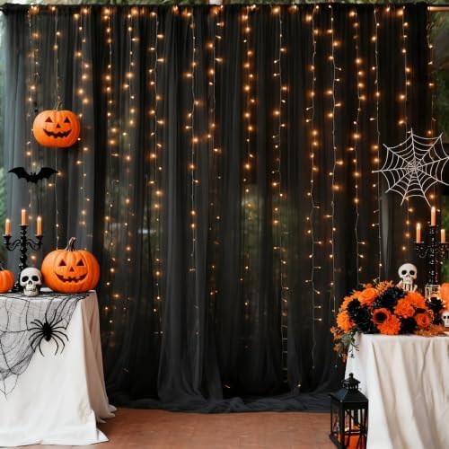 10ft x 8ft Black Backdrop Curtain with Lights String for Parties, Sheer Tulle Wedding Photo Backdrops Drapes for Baby Shower Birthday Party Decorations Background for Photography - Image 3