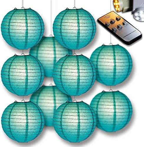 PaperLanternStore.com 12" Teal Paper Lantern Party Pack with Remote Controlled LED Lights (10-Pack Combo Kit) by Fantado+Party+%26+Event+Lighting