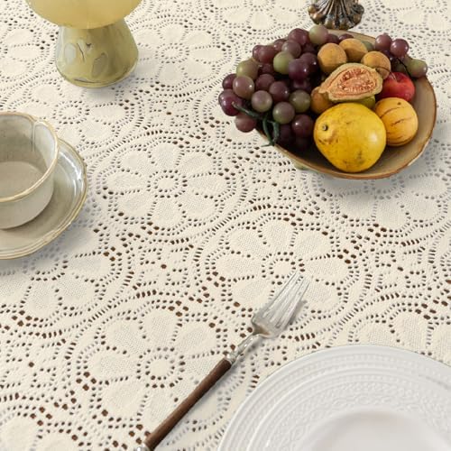 Boho Crochet Cotton Lace Tablecloth Rectangle 52 x 70 Inch Beige - Image 6