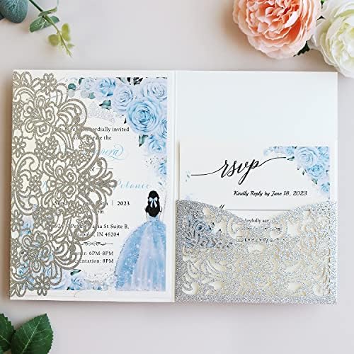 Hosmsua 50PCS Personalized Silver Wedding Invitation Pocket, 5.12 x 7.2 Laser Cut Lace Flora Invitation Pockets with Envelopes for Quinceanera Wedding Bridal Shower Quince Anos - Image 3