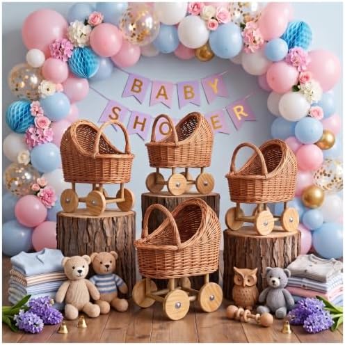 4-Piece Set Wicker Stroller for Baby Shower, Vintage Baby Carriage Planter for Floral Arrangements, Wicker Baby Carriage Decor Centerpieces for Tables, Rustic Rattan Baby Carriage Basket by Unknown