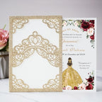 Hosmsua 50PCS Blank Gold Glitter Quinceanera Invitations with Envelopes, 5.1x7.3 Inch Laser Cut Floral Crown Pocket Invitation Cards for Quinceanera Birthday Quince Anos Invite - Image 3