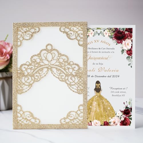 Hosmsua 50PCS Blank Gold Glitter Quinceanera Invitations with Envelopes, 5.1x7.3 Inch Laser Cut Floral Crown Pocket Invitation Cards for Quinceanera Birthday Quince Anos Invite - Image 3