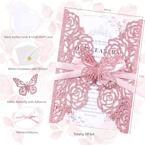 50PCS Pink Wedding Invitations Butterfly Laser Cut Invitation Blank Cards - Image 2