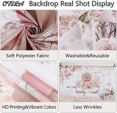 We Can Bearly Wait Backdrop 8x6ft Boho Baby Shower Party Backdrop Pink Floral Bohemian Pampas Grass Bear Baby Shower Photography Background Kids Portrait Photo Backdrop Cake Table Decor - Image 3