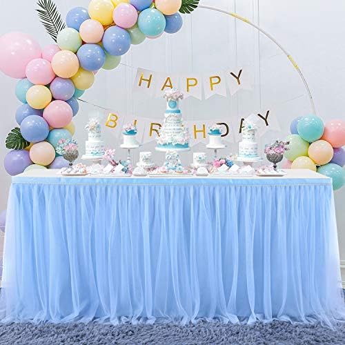 Suppromo Baby Blue Tulle Table Skirts for Rectangle Tables or Round Tables 9ft Blue Tutu Table Cloth Cover for for Baby Shower Boy Birthday Party Baby Shark Gender Reveal Cake Table Decorations - Image 2