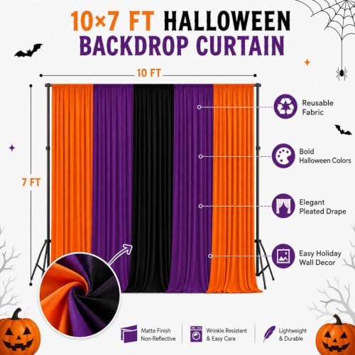 Halloween Backdrop Curtain - 10×7ft Black Orange Purple Party Background Decor for Spooky Parties, Photo Booths, Home Haunted House, Reusable Holiday Wall Decoration for Adults Teens - Image 3