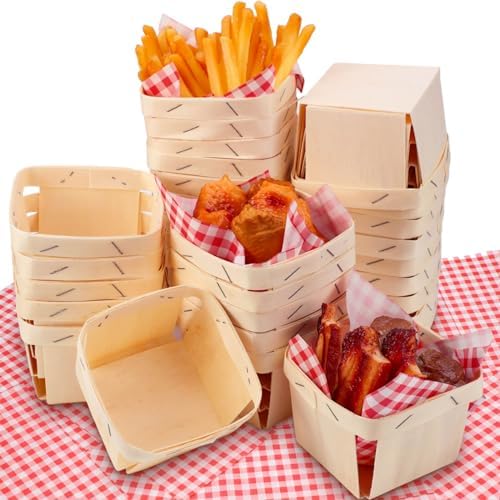 Thyle 60 Pcs/30 Sets Wood Berry Basket with Gingham Wax Paper Sheets Farmer Market Shower Party Favor Small Container Boxes for Friut Vegetable Locally Grown Baby Shower Display Gift(Plaid,Red) by Thyle