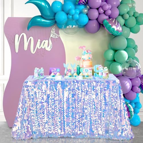QueenDream Rectangle Sequin Blue Mermaid Tablecloth - 51x106 Inch Sequin Fabric Rectangle Table Cloths Mermaid Birthday Ocean Party Decoration - Image 3