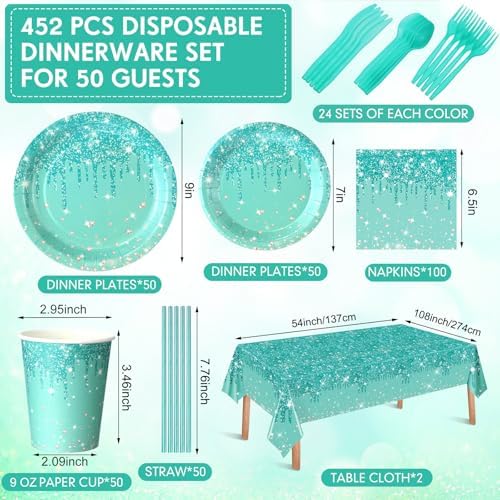 Funnymoom 452 Pcs Teal Glitter Party Decoration Supplies Serve 50 Guests - Image 2
