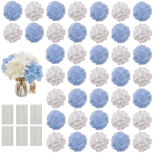 50PCS White & Blue Hydrangea Artificial Flowers, Stronger Bendable Stems by ECCELSO