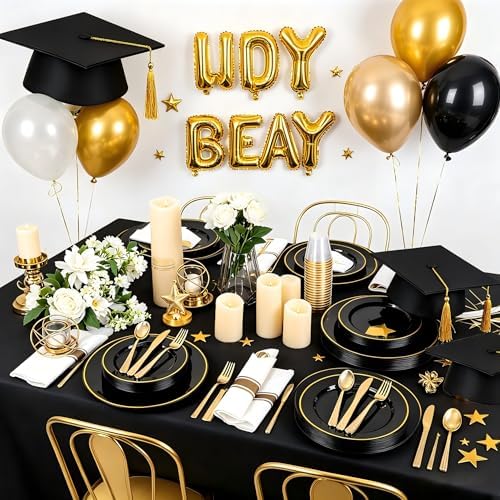 SUT 175 Pcs Black and Gold Plastic Dinnerware Set for 25 Guests, Include: 25 Dinner Plates, 25 Dessert Plates, 25 Pre Rolled Napkins With Silverware, 25 Cups, Disposable Plates for Party - Image 5