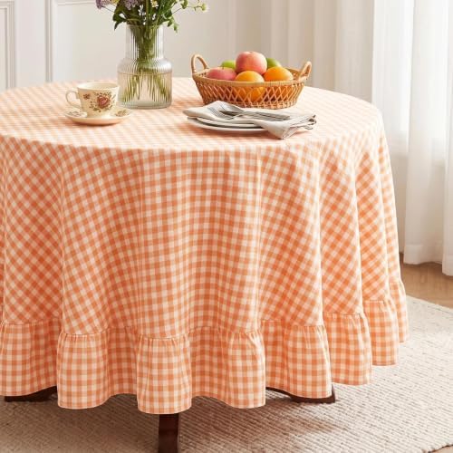 Eternal Beauty Gingham Ruffled Tablecloth Orange White 90 Round Halloween - Image 4