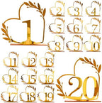Wedding Table Numbers 1-20, Gold Heart Design with Leaf Detail, Freestanding Metal Table Decor by Unknown