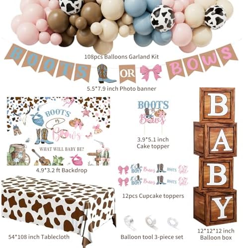 Boots or Bows Gender Reveal Decorations - 130Pcs Boy or Girl What Will Baby Be Gender Reveal Party Supplies Include Backdrop Balloon Garland Tablecloth Boots or Bows Banner Cake Cakecup Topper - Image 2