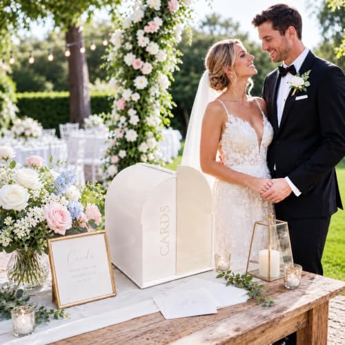 White Arched Wedding Card Box with Light Beige Standee & Erasable Pen - Image 7