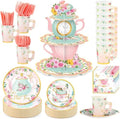 Zopeal 129 Pcs Disposable Tea Party Supplies Teapot Cupcake Stand Vintage Floral Cup Plate Napkin Princess Tea Party Decoration Tableware for 16 Guests Birthday Baby Shower Bridal Wedding Decoration by Zopeal