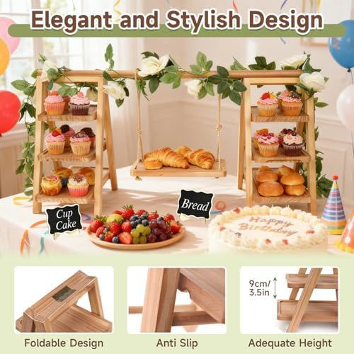 Wooden Cupcake Stand, Foldable 3 Tier Cupcake Display Stand, Walnut Brown - Image 4