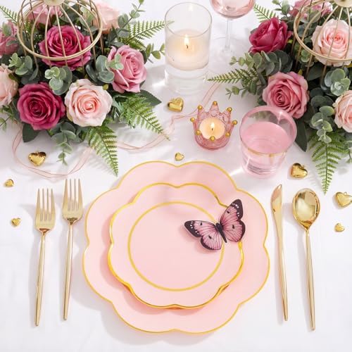 ejonirinjonir 180pcs Double Gold Rim Pink Plastic Plates for Sweet Party - Image 2