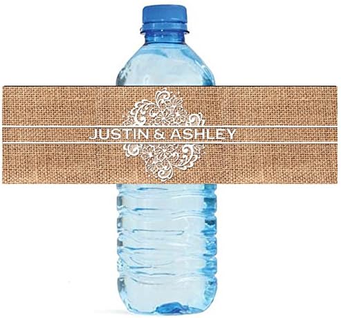 100 Burlap and Lace Wedding Water Bottle Labels Great for Engagement Bridal Shower Party 8"x2" by DesignThatSign